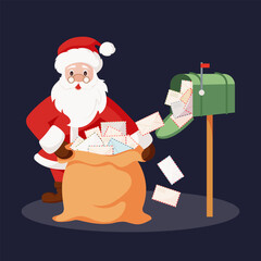 Santa Claus character receiving letters with wishes for Christmas. For Christmas cards, banners, tags and labels. Holiday cartoon character