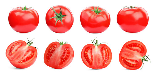 Whole and cut ripe tomatoes isolated on white, set