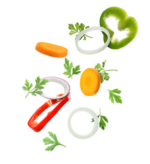 Fresh parsley, bell pepper, onion and carrot flying on white background