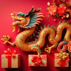 2024 Chinese new year, year of the Dragon banner template design with dragon and giftbox background.3d rendering illustration ai generated