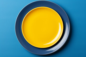 blue plate mockup with yellow background. Top view, flat lay ai generative