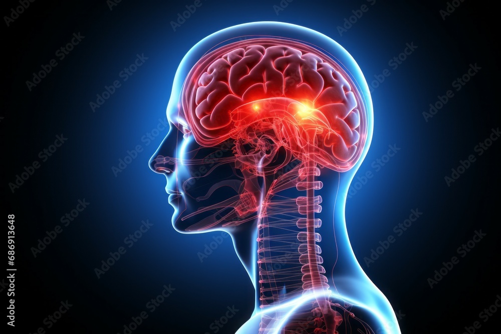 Poster hologram of the head brain. background with selective focus and copy space