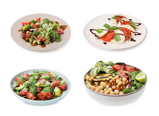 Delicious salads with balsamic vinegar isolated on white, set