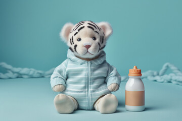 Cute little tiger in baby clothes and milk bottle, concept of Adorable animal