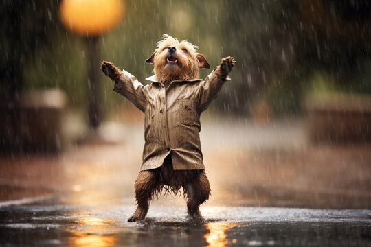Dog dancing in the rain