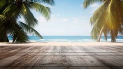 Dark wood floor top on blur tropical beach background, Advertisement, Print media, Illustration, Banner, for website, copy space, for word, template, presentation.