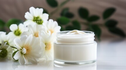 Obraz na płótnie Canvas white Wooden table on blurred whitening and moisturizing Face cream in an open glass jar and flowers on white background, Advertisement, Print media, Illustration, Banner, for website