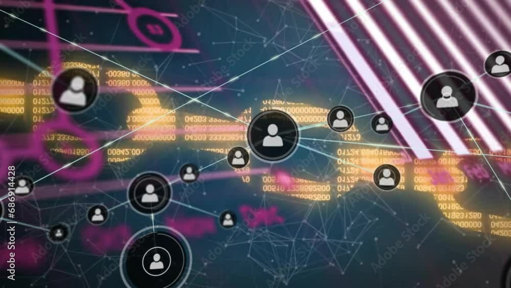 Poster animation of network of connections with icons and data processing over chain