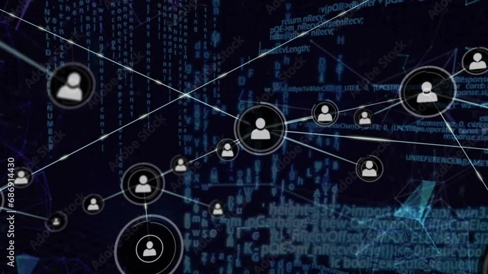 Poster animation of network of connections with icons and data processing over dark background