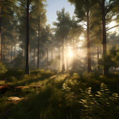 a simple forest with sunlight filtering through the tall trees