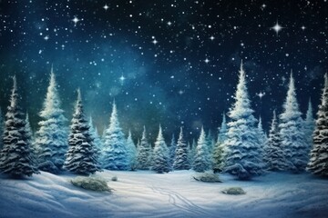 Magical Christmas Trees in Winter Forest with Starry Snowflakes
