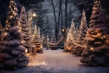 Magical Evening in Christmas Tree Forest with Festive Decor