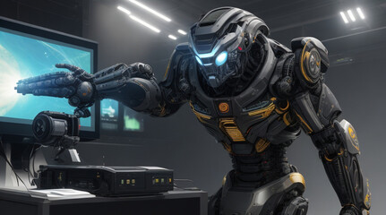 Fototapeta na wymiar black robot animation character | robot | power | tech | 3D | gun hand