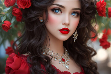portrait of a cute girl with red roses | pretty | red | beautiful | modeler ,for Valentine's Day	