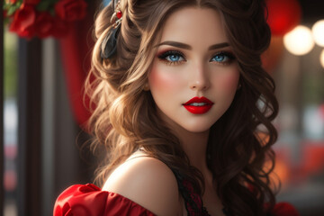 Fototapeta premium portrait of a cute girl with red roses | pretty | red | beautiful | modeler ,for Valentine's Day 