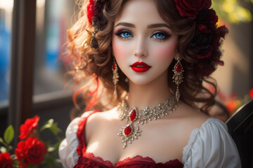 Fototapeta premium portrait of a cute girl with red roses | pretty | red | beautiful | modeler, for Valentine's Day 