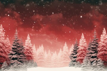 Red Christmas Background with Snowy Pine Trees