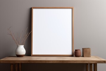 Empty white frame on top of a wooden table.