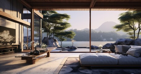 Open living room with modern architecture and a view.