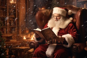Smiling Santa Reading in Festive Winter Atmosphere