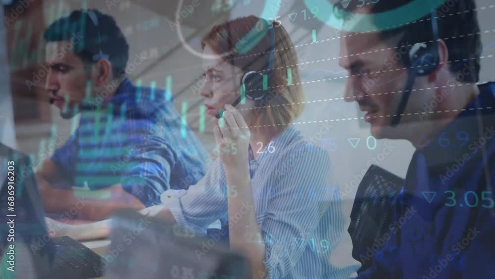Aufkleber animation of data processing over diverse colleagues using phone headset in office