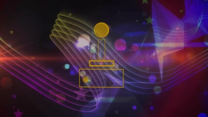 Animation of gamepad icon over shapes and light trails on black background - Powered by Adobe