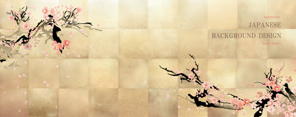 金箔をあしらった桜舞う華やかな水彩背景 © surface Change