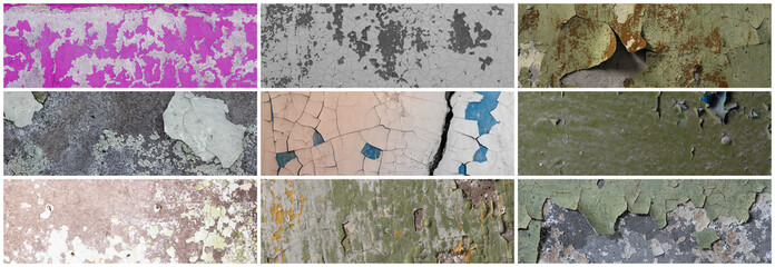 Set of peeling paint textures. Old concrete walls with cracked flaking paint. Weathered rough painted surfaces with patterns of cracks and peeling. Collection of wide panoramic backgrounds for design.