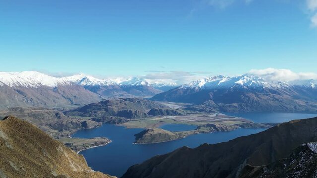 Aerial shot from the top of Roys Peak on a sunny day