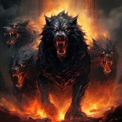 Illustration of Cerber hound of Hades, guardian of the underworld. A scary fierce beast dog with three heads. A frightening dog, Cerberus, Guardian of hell, with fire. - obrazy, fototapety, plakaty