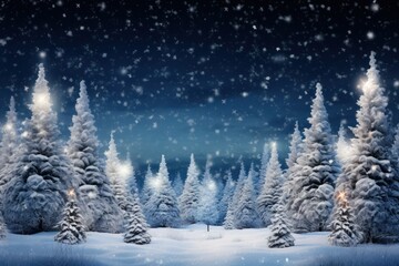 Fototapeta na wymiar Winter Wonderland with Illuminated Christmas Trees and Snow