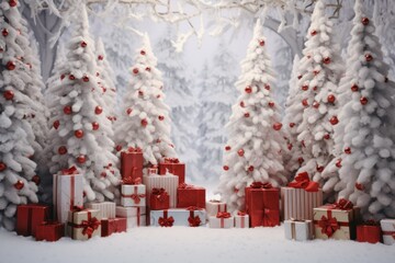 Winter Wonderland with Red Garland Christmas Trees and Gifts
