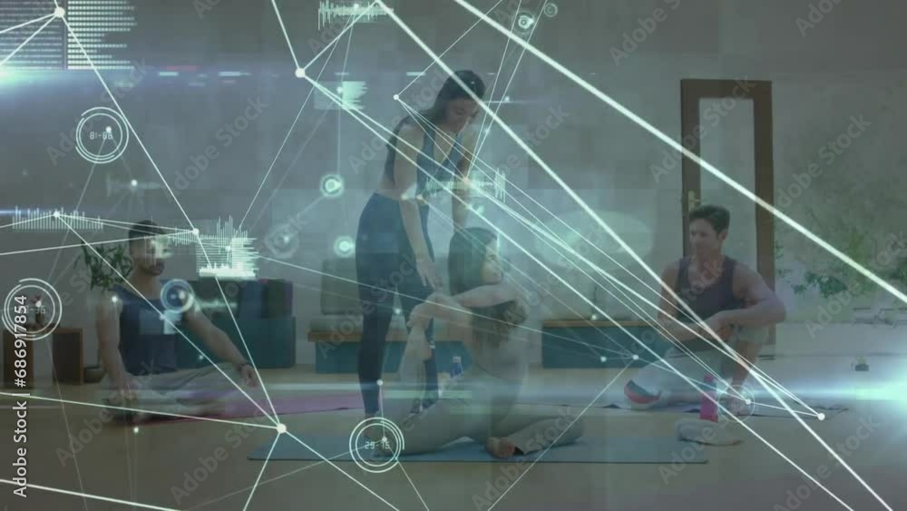 Poster animation of network of connections with data processing over diverse people doing yoga