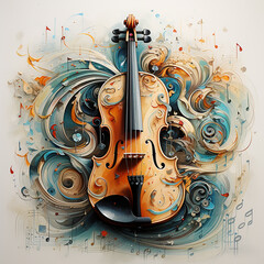 Painting illustration of a violin surrounded by musical notes.