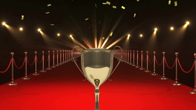 Animation of confetti over cup and red carpet on black background