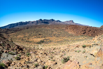 Desert landscape from Las Canadas caldera of Teide volcano. Mirador (viewpoint) Minas de San Jose Sur. Tenerife. Canary Islands. Spain.