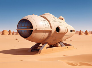 An unlikely sight, a submarine emerges from the sandy depths of a desert, surrounded by a vast expanse of sky and parched ground, resembling a futuristic spacecraft in a desolate plane