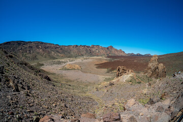 The lava fields of Las Canadas caldera of Teide volcano and rock formations - Roques de Garcia. Tenerife. Canary Islands. Spain.