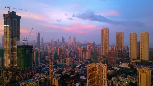 Chhatrapati Shivaji Maharaj Terminus and Brihanmumbai Municipal Corporation Head office Mumbai city evening and night aerial view 