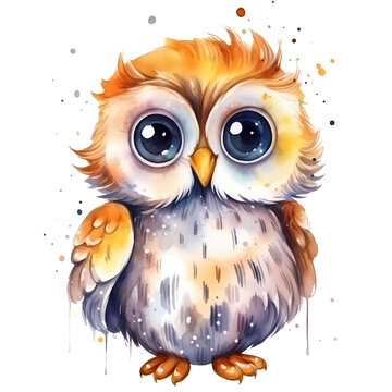 Cute Baby Owl Merry Christmas Watercolor Clipart Illustration