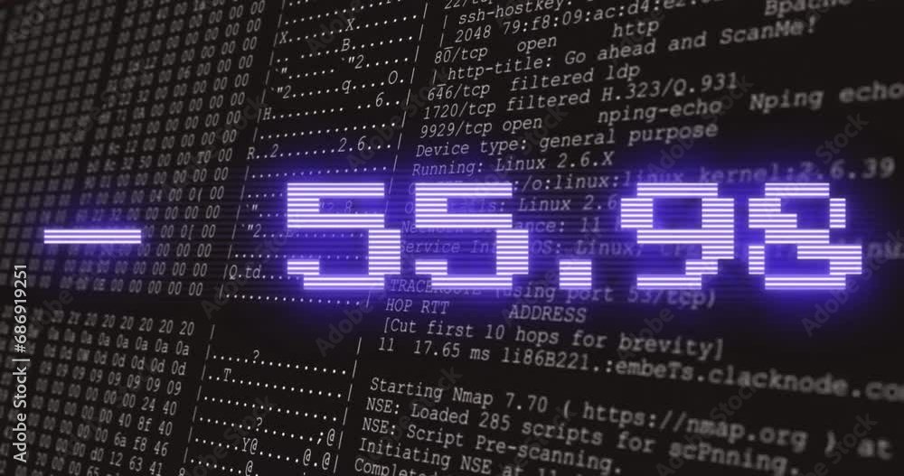 Poster animation of stock market over data processing on black background
