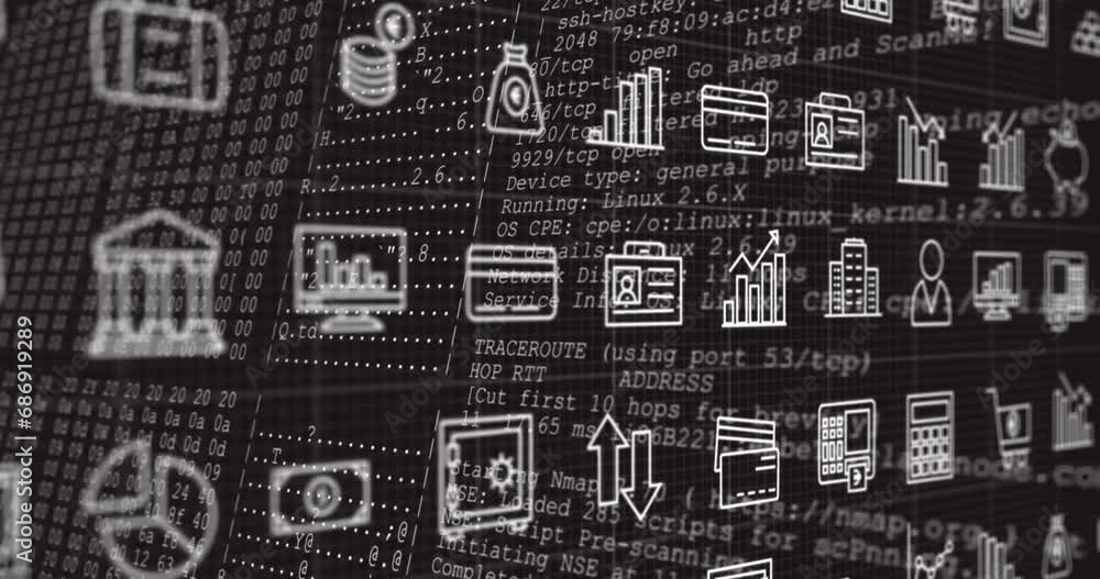 Aufkleber animation of business icons over data processing on black background