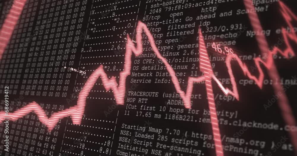 Poster animation of graph with arrows over data processing on black background