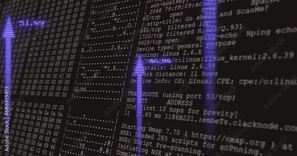 Poster animation of arrows over data processing on black background