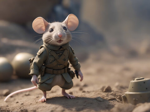 Raton vestido como soldado militar en una guerra 