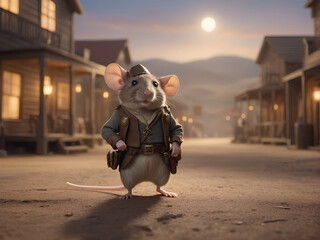 escena de pelicula de un Raton vestido de sheriff en el lejano oeste con gorro