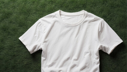 top view white t-shirt mockup over grass. Backdrop with copy space. Backdrop with copy space. Minimalist concept.