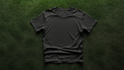 top view black t-shirt mockup over grass. Backdrop with copy space. Backdrop with copy space. Minimalist concept. - obrazy, fototapety, plakaty
