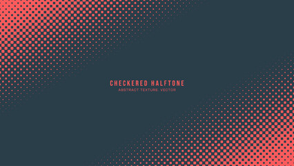 Checkered Halftone Pattern Vector Angled Border Red Dark Blue Abstract Background. Chequered Rounded Square Dots Subtle Texture Pop Art Graphic Design. Half Tone Contrast Minimalism Art Wide Wallpaper - 686921421