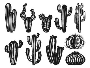 Cactus plants ink stamp set. Trendy exotic silhouette succulent collection isolated. Scrapbook engraving botanical desert cacti. Western grungy paint shape cactus etching design vector illustration © neliakott